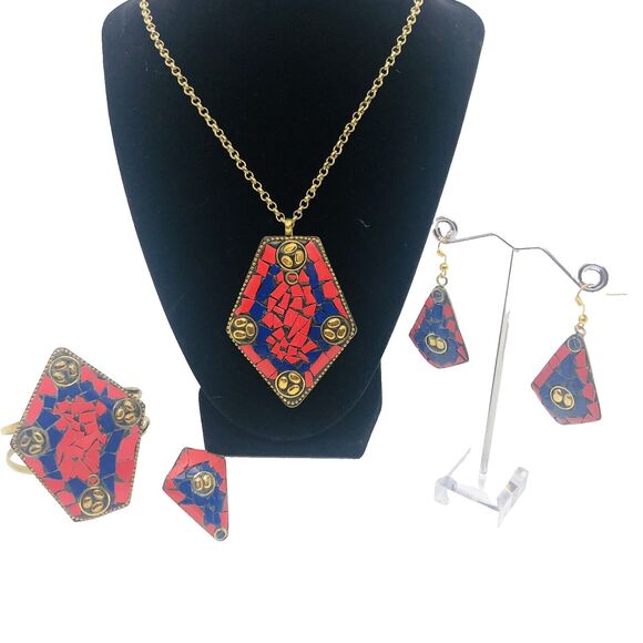 Mosaic Blue Red Earrings Bracelet Bangle Ring Necklace Fashion Statement Lot Set - Picture 1 of 12